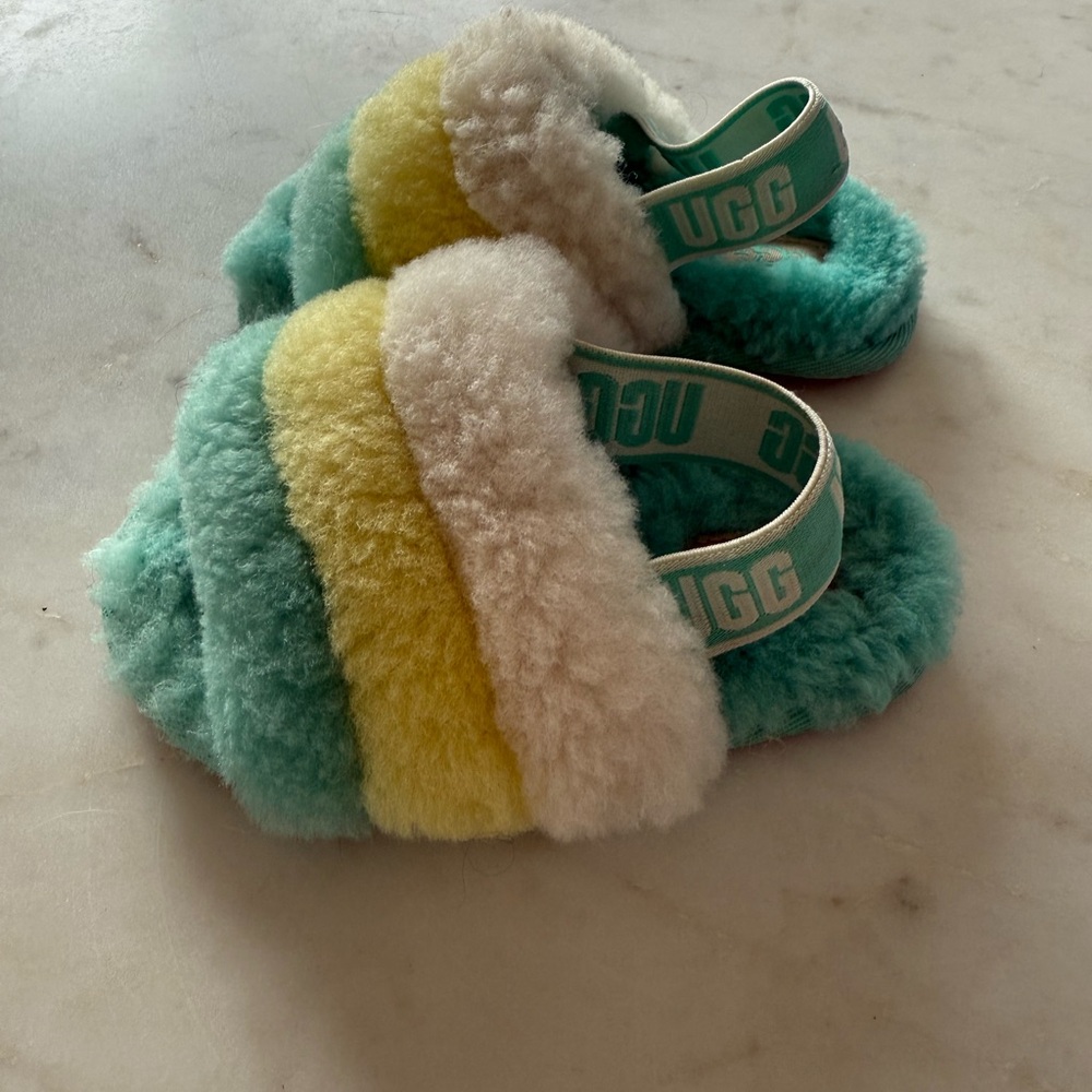 Toddler UGG Fluffy Slippers in Teal, Yellow, and Cream